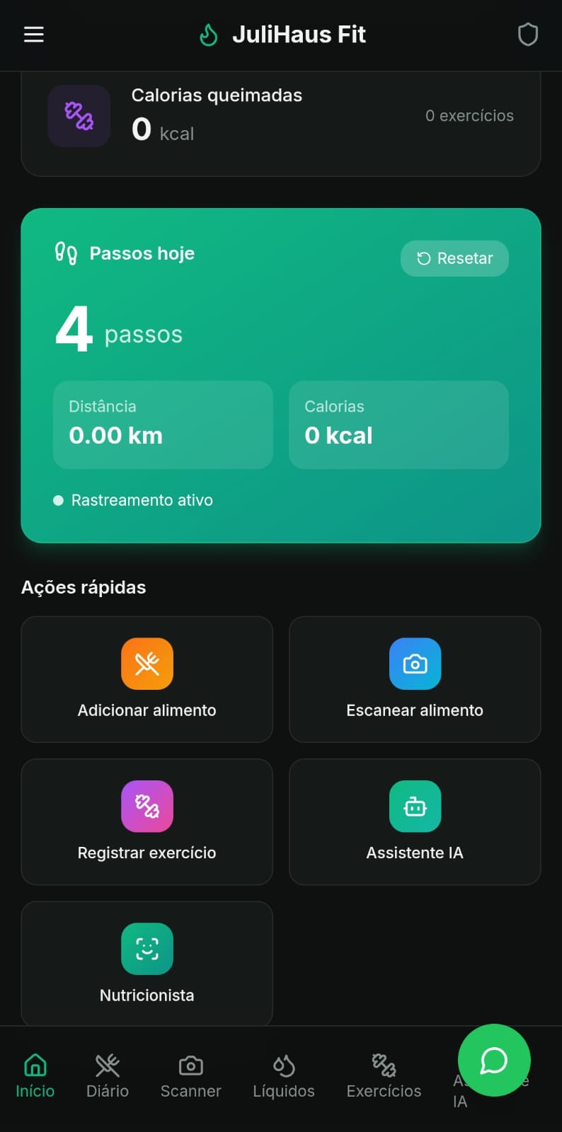 Tela do aplicativo JuliHaus Fit com passos, calorias e ações rápidas