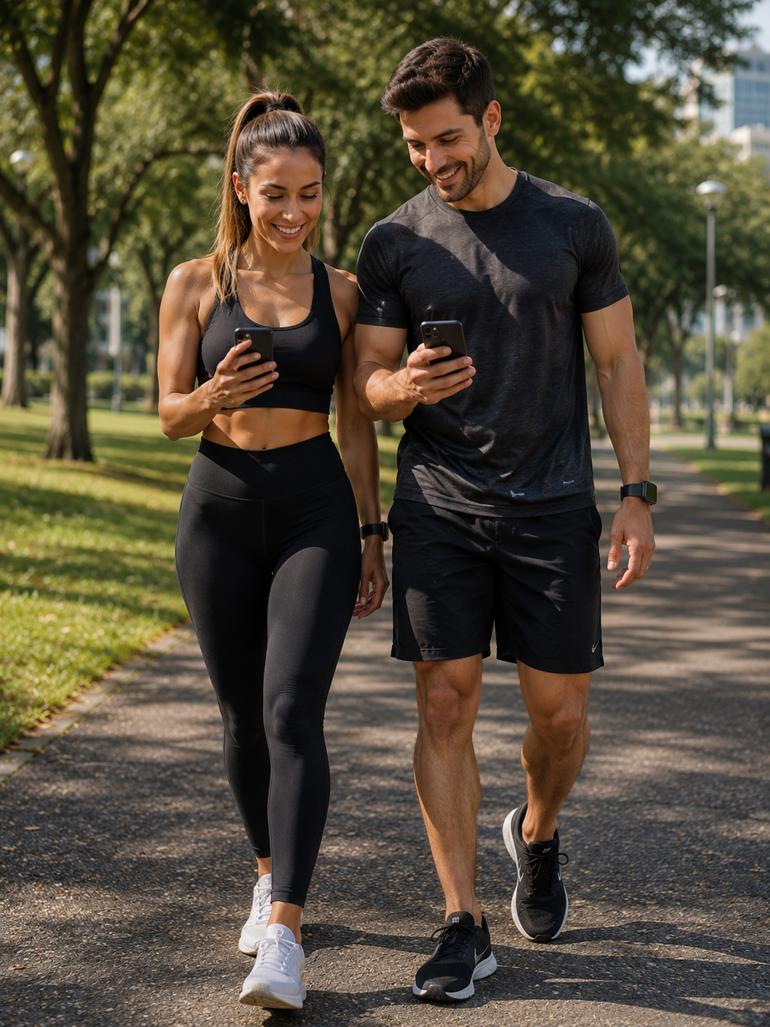 Casal caminhando no parque acompanhando a rotina no aplicativo JuliHaus Fit