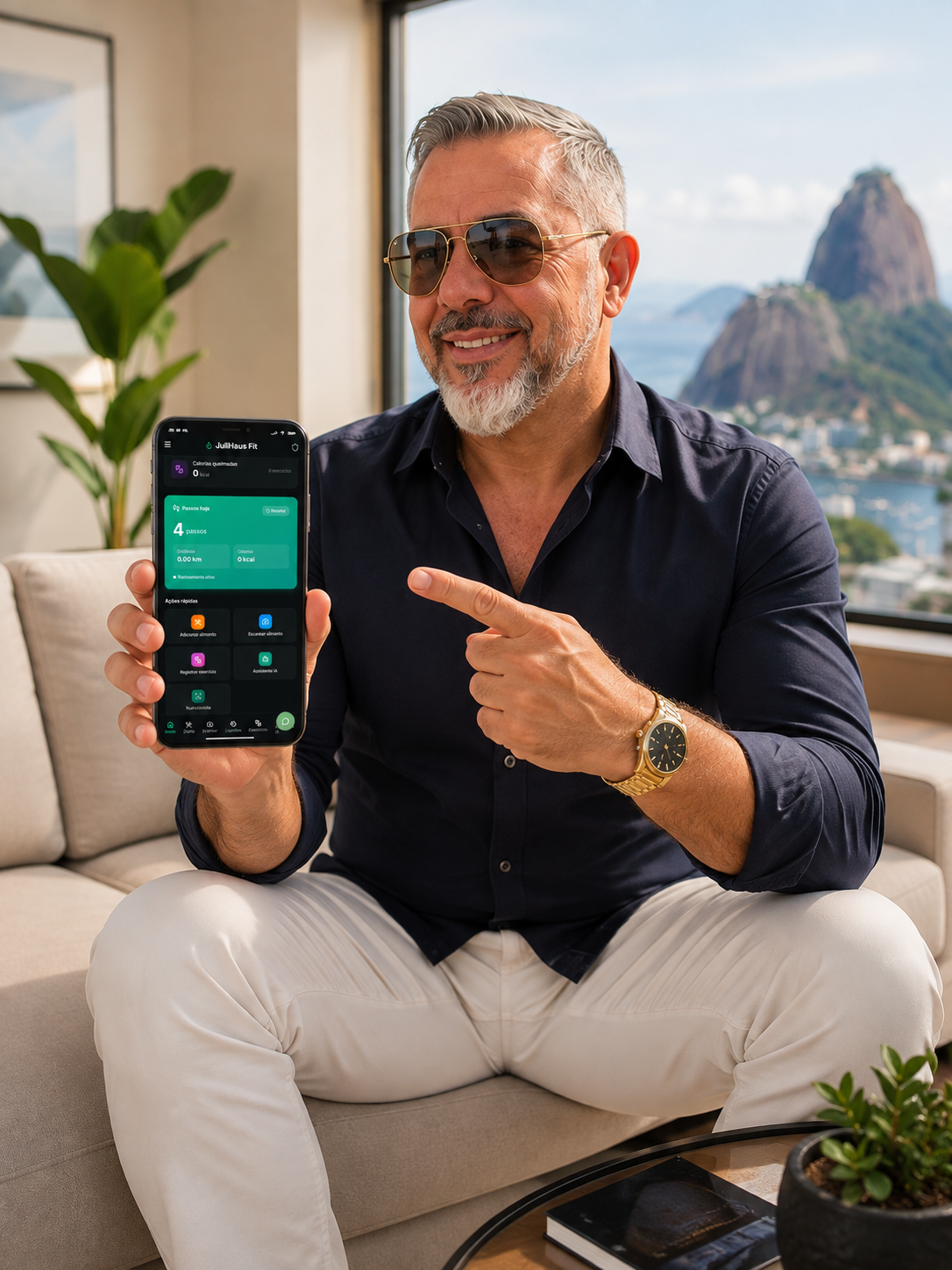 Homem adulto usando o aplicativo JuliHaus Fit em casa